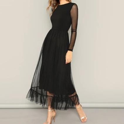 Fit And Flare Mesh Overlay Ruffle - BUSINSTORE