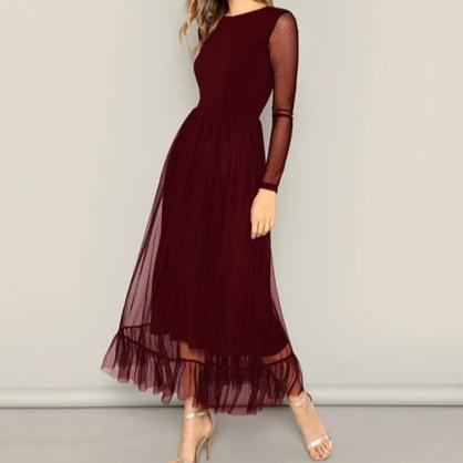 Fit And Flare Mesh Overlay Ruffle - BUSINSTORE