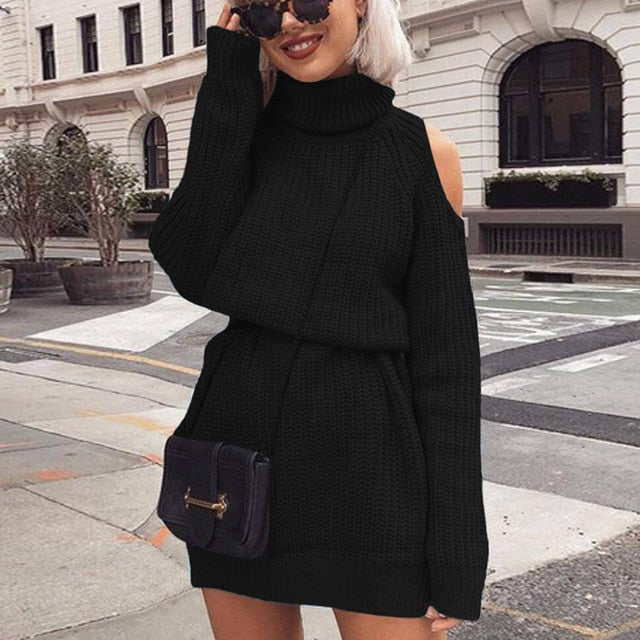 Turtleneck Off Shoulder Knitted Sweater - BUSINSTORE