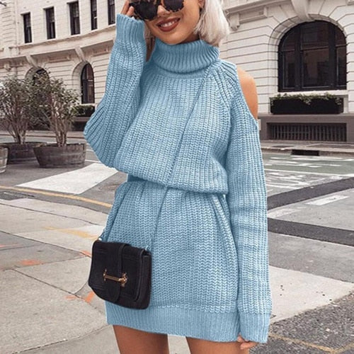 Turtleneck Off Shoulder Knitted Sweater - BUSINSTORE