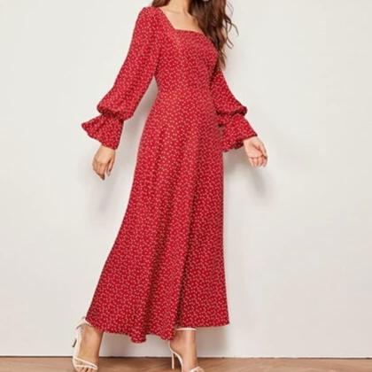 Red Square Neck Heart Print Elegant Long Dress - BUSINSTORE