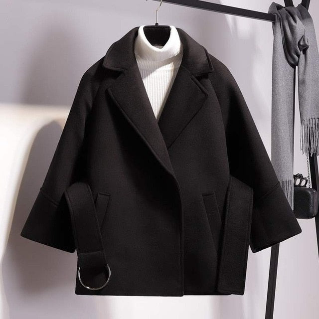 Short Woolen Coat Belt Jacket - BUSINSTORE