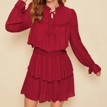 Frill Tie Neck Ruffle Trim Dress - BUSINSTORE