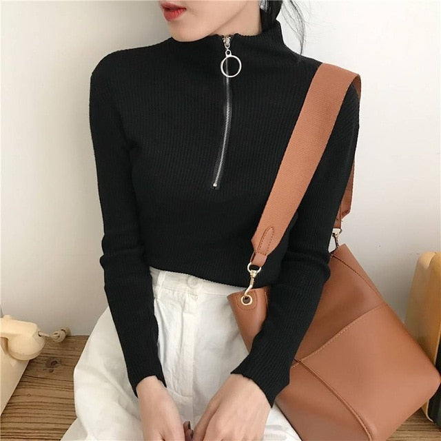 Turtleneck Zipper Knitted Sweater - BUSINSTORE