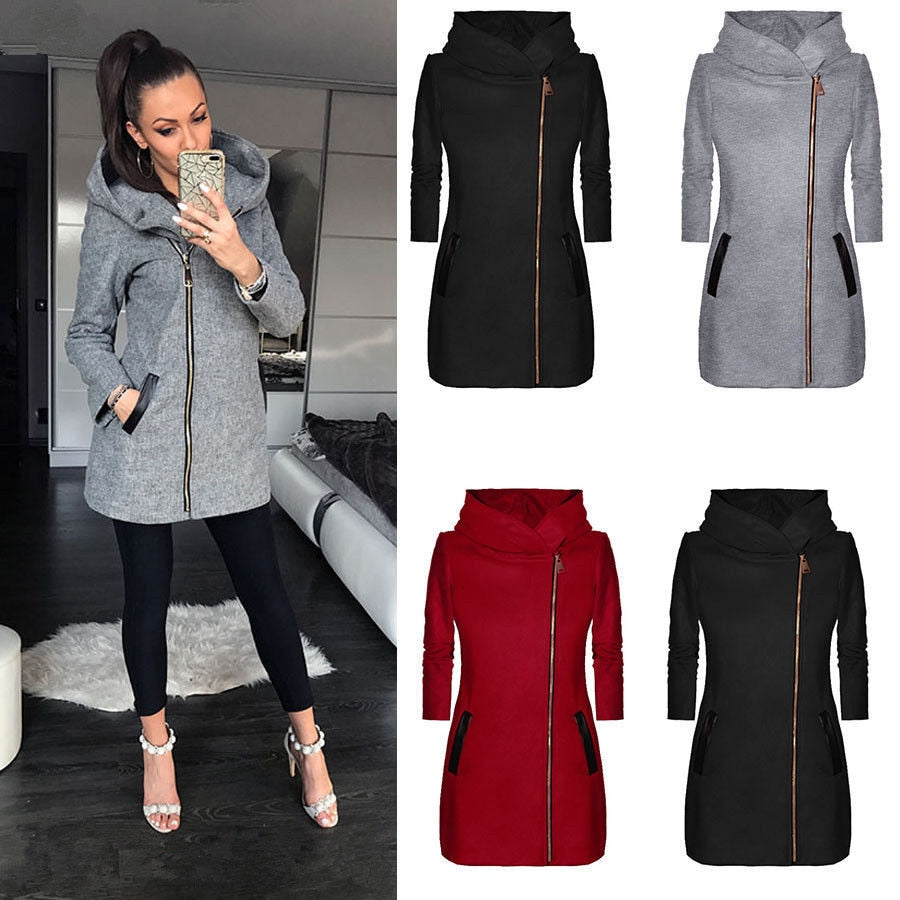 Solid Color Jacket Overcoat Zipper Long Sleeve - BUSINSTORE