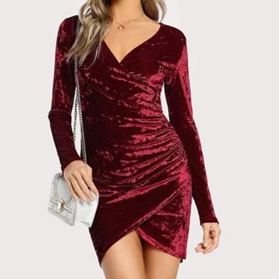 Sexy Solid Ruched Overlap Surplice Crushed Velvet - BUSINSTORE