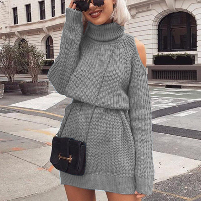 Turtleneck Off Shoulder Knitted Sweater - BUSINSTORE