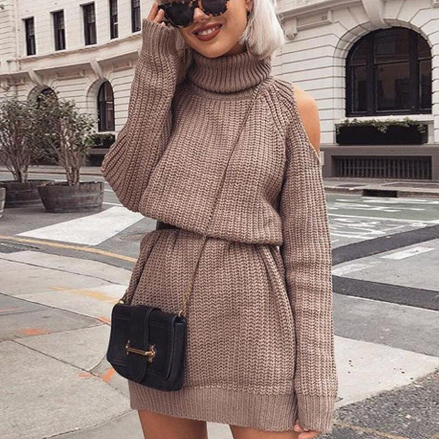 Turtleneck Off Shoulder Knitted Sweater - BUSINSTORE