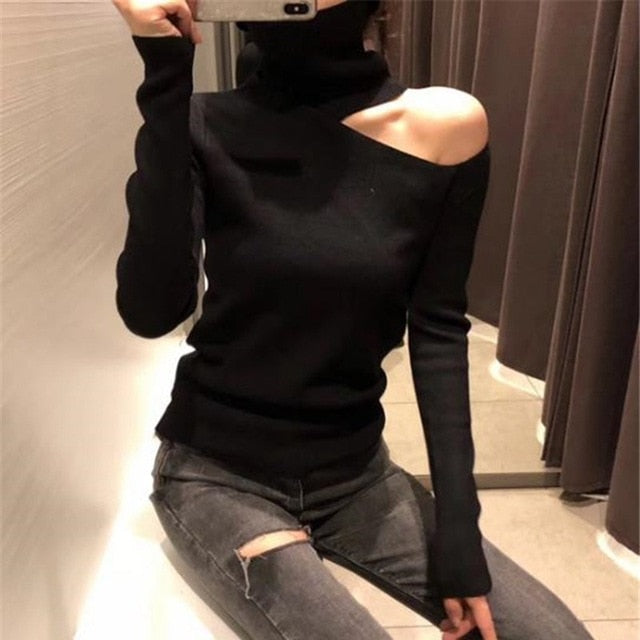 Knitted Off Shoulder Sweater - BUSINSTORE