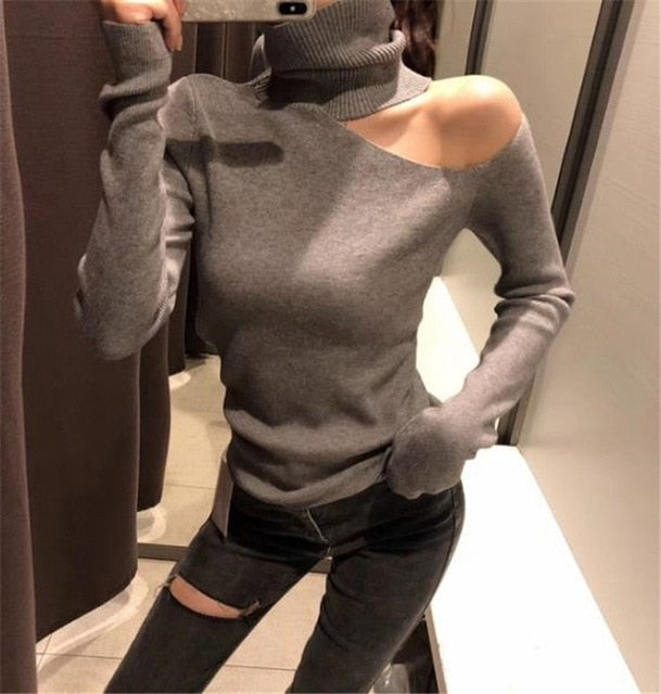 Knitted Off Shoulder Sweater - BUSINSTORE