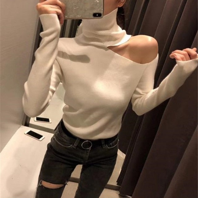 Knitted Off Shoulder Sweater - BUSINSTORE