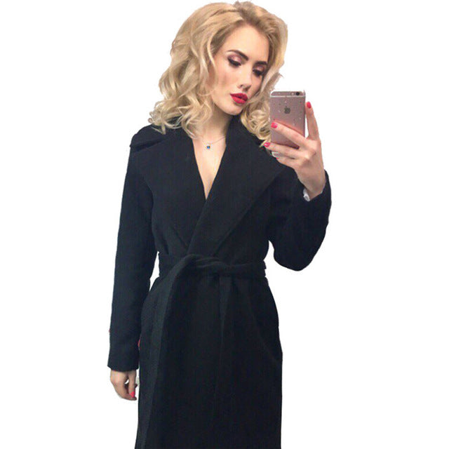 Elegant Long coat 2 pockets belted Jacket - BUSINSTORE