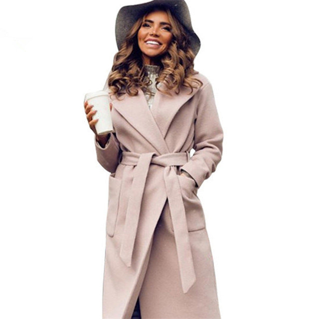 Elegant Long coat 2 pockets belted Jacket - BUSINSTORE