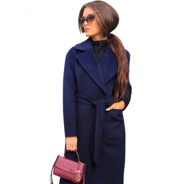 Elegant Long coat 2 pockets belted Jacket - BUSINSTORE