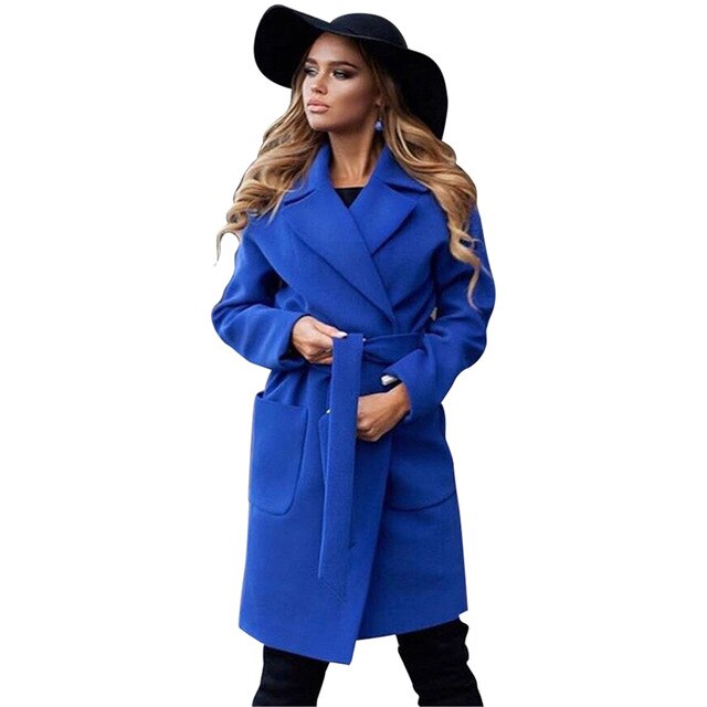 Elegant Long coat 2 pockets belted Jacket - BUSINSTORE