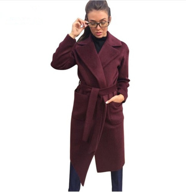 Elegant Long coat 2 pockets belted Jacket - BUSINSTORE